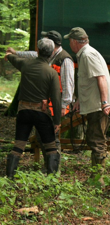 Vier Menschen besprechen sich im Wald, umgeben von Bäumen und Grün.